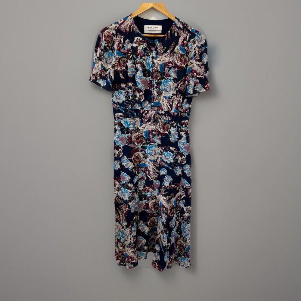 Prabal Gurung 'Victoria' Navy Printed Flutter Sleeve Silk Midi Dress Sz 8